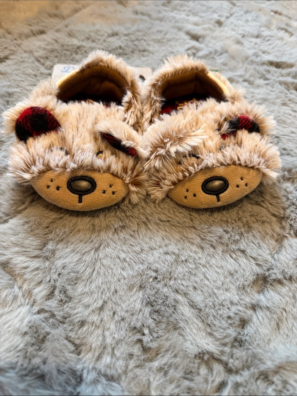 dearfoams Kids Plush Bear Slippers in Tan with Red Plaid Ears
